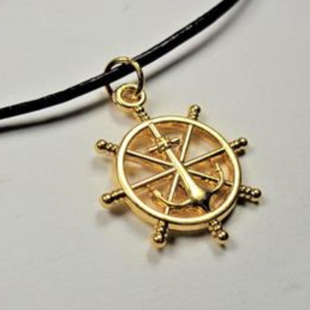 NAUTICAL GOLD SHIPS WHEEL ANCHOR BLACK NECKLACE